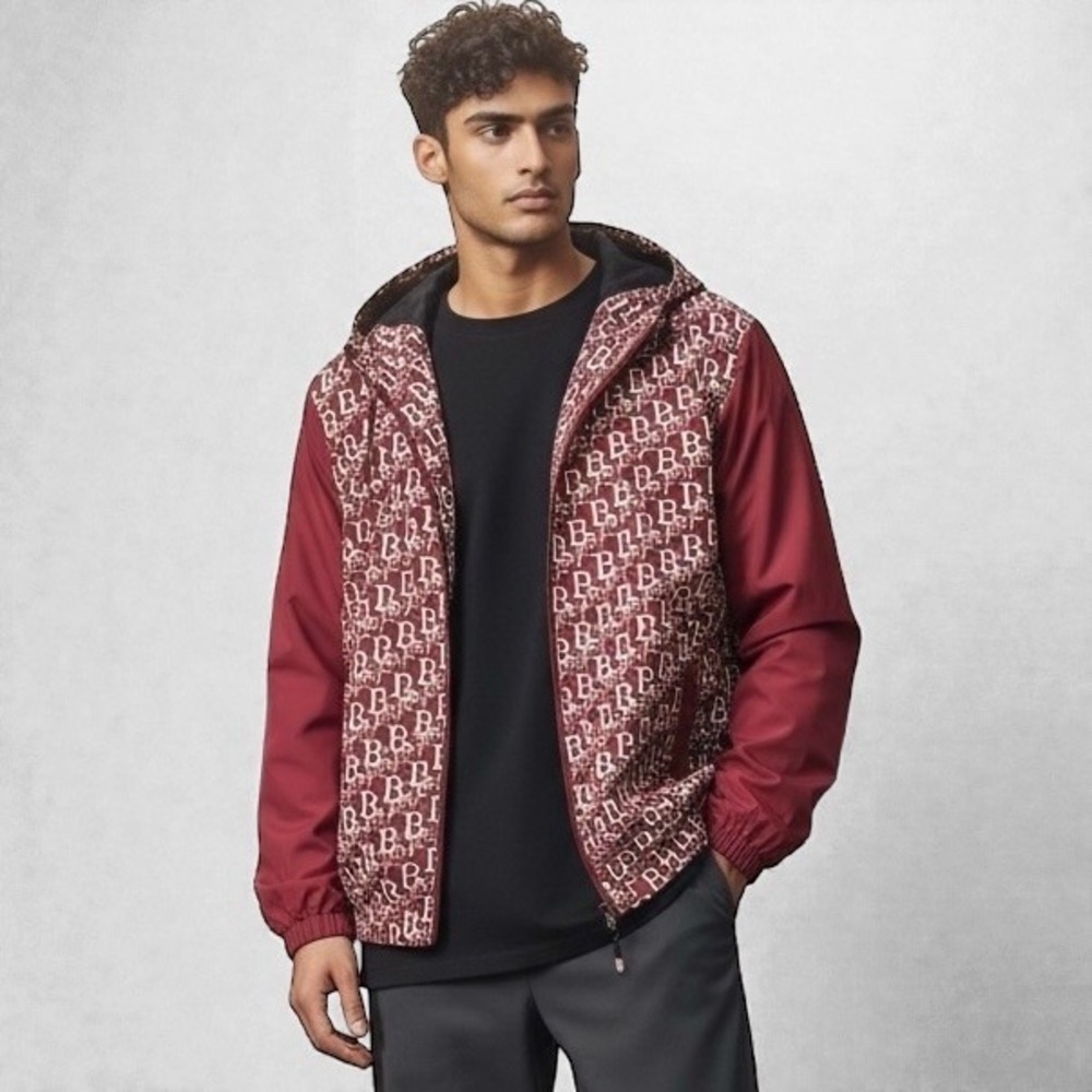 Manfinity Men's Hooded Lightweight Jacket Sz L Burgundy BEST Monogram Print NWOT